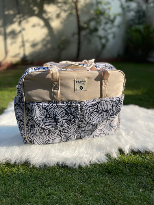 Black Floral Lines Diaper Bag