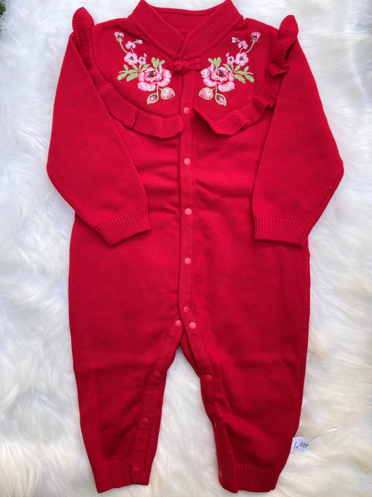 Embroidered Red Baby Romper