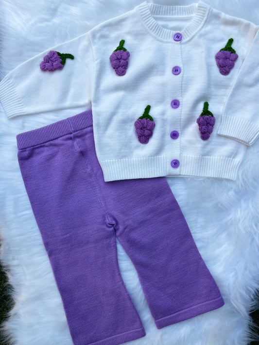 Embroidery Grapes Pullover Knitted Sweater and Ruffle Pant